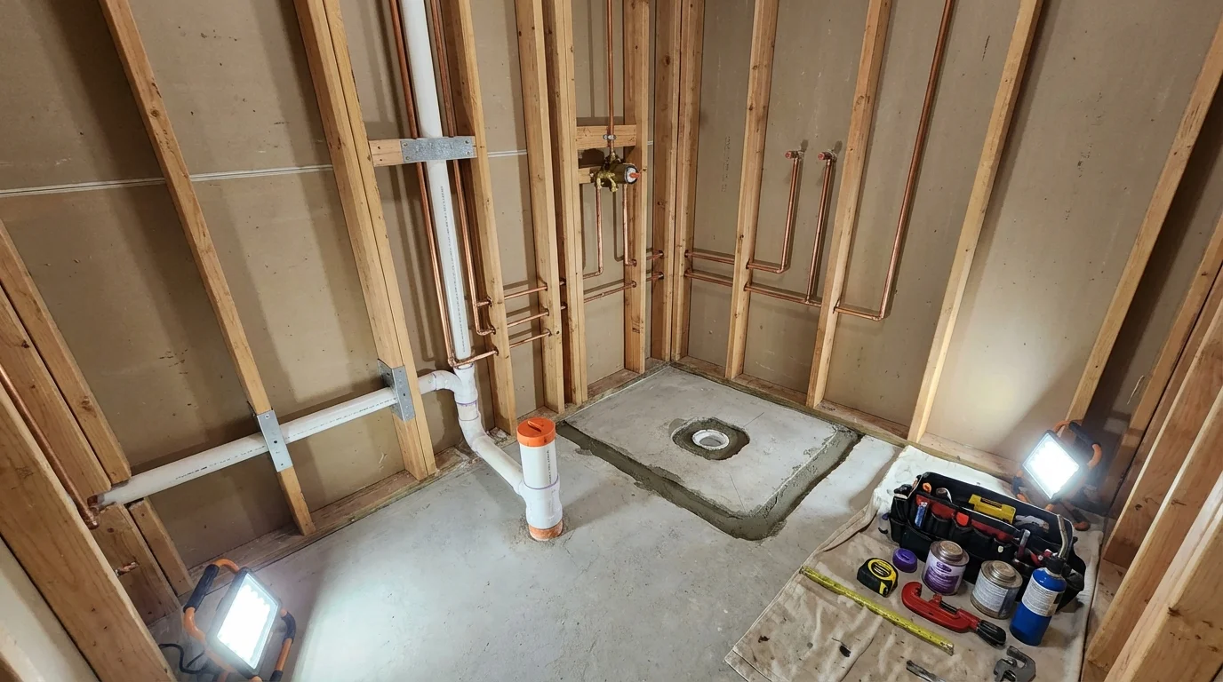 Bathroom rough-in plumbing during remodel by Johns Plumbing LLC in Hot Springs Village