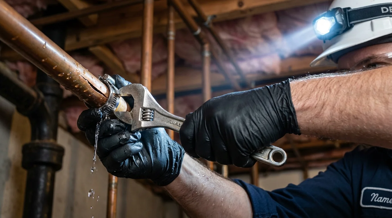 Emergency pipe clamp repair being performed by a Johns Plumbing LLC plumber in Hot Springs Village
