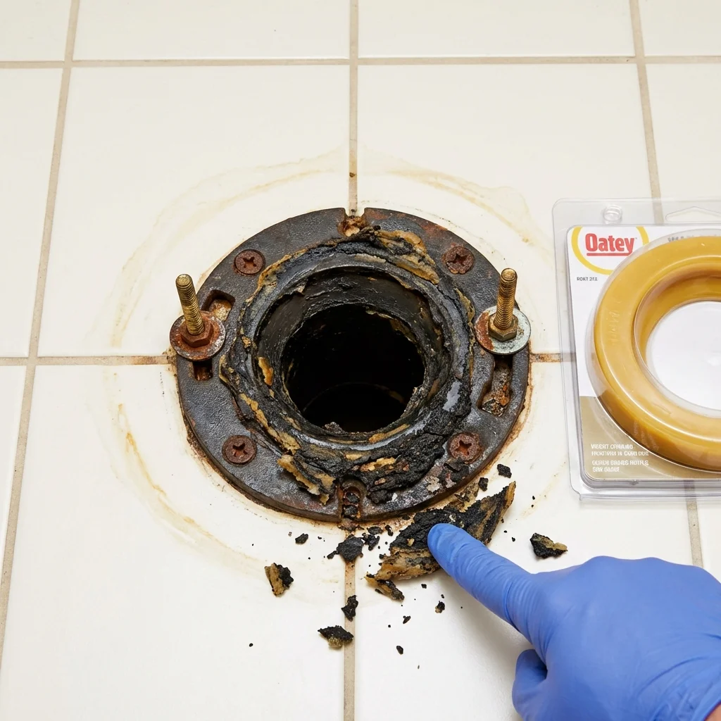 Failed wax ring showing water seepage at the base of a toilet in a Hot Springs Village, AR home