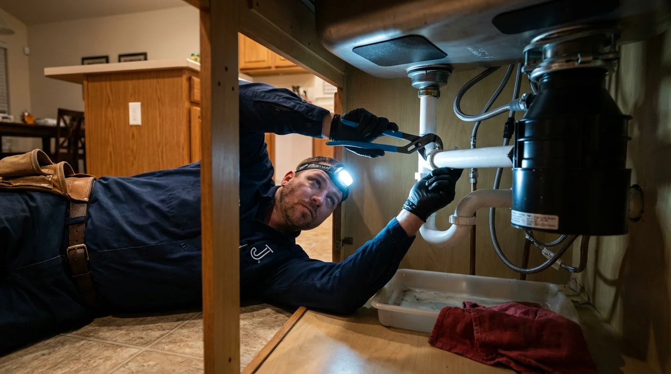 P-trap and supply line connections under a kitchen sink showing a common leak point in Hot Springs Village, AR